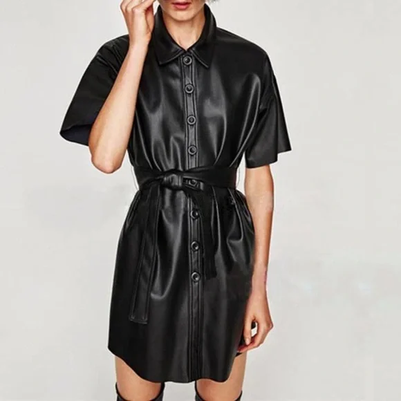 Zara | Dresses | Zara Black Vegan Leather Belted Buttondown Shirt Dress |  Poshmark
